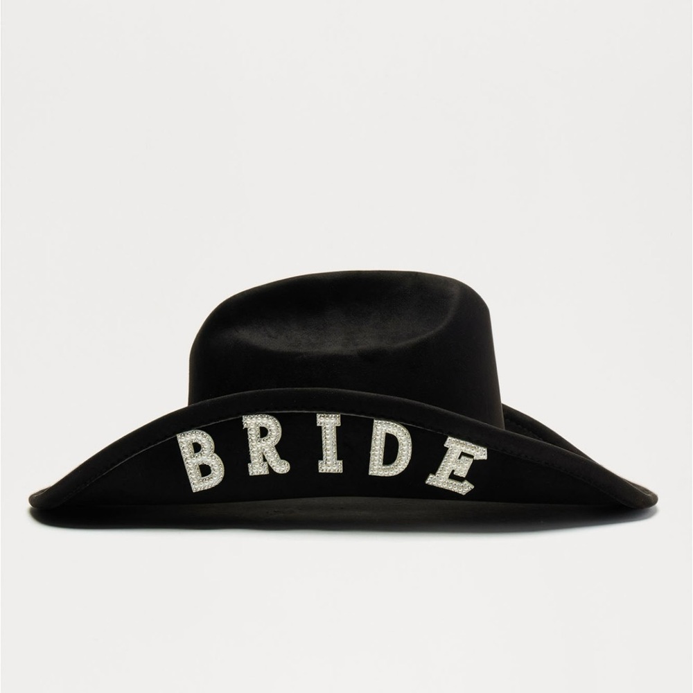 Black Faux Suede White Bling Beaded Rhinestone Bride Statement Cowgirl Hat - Picture 5 of 6